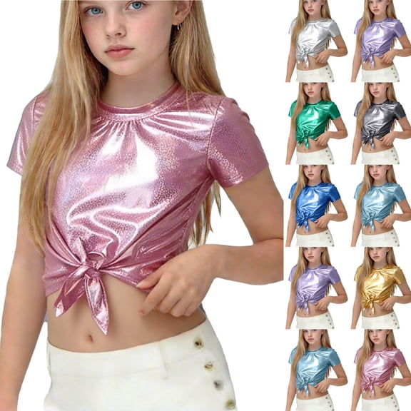 Eltusu Girls Short Sleeve Tops , Sequin Shiny Performance Crew Neck Kids T-Shirts Hot Pink Size 10-12 T