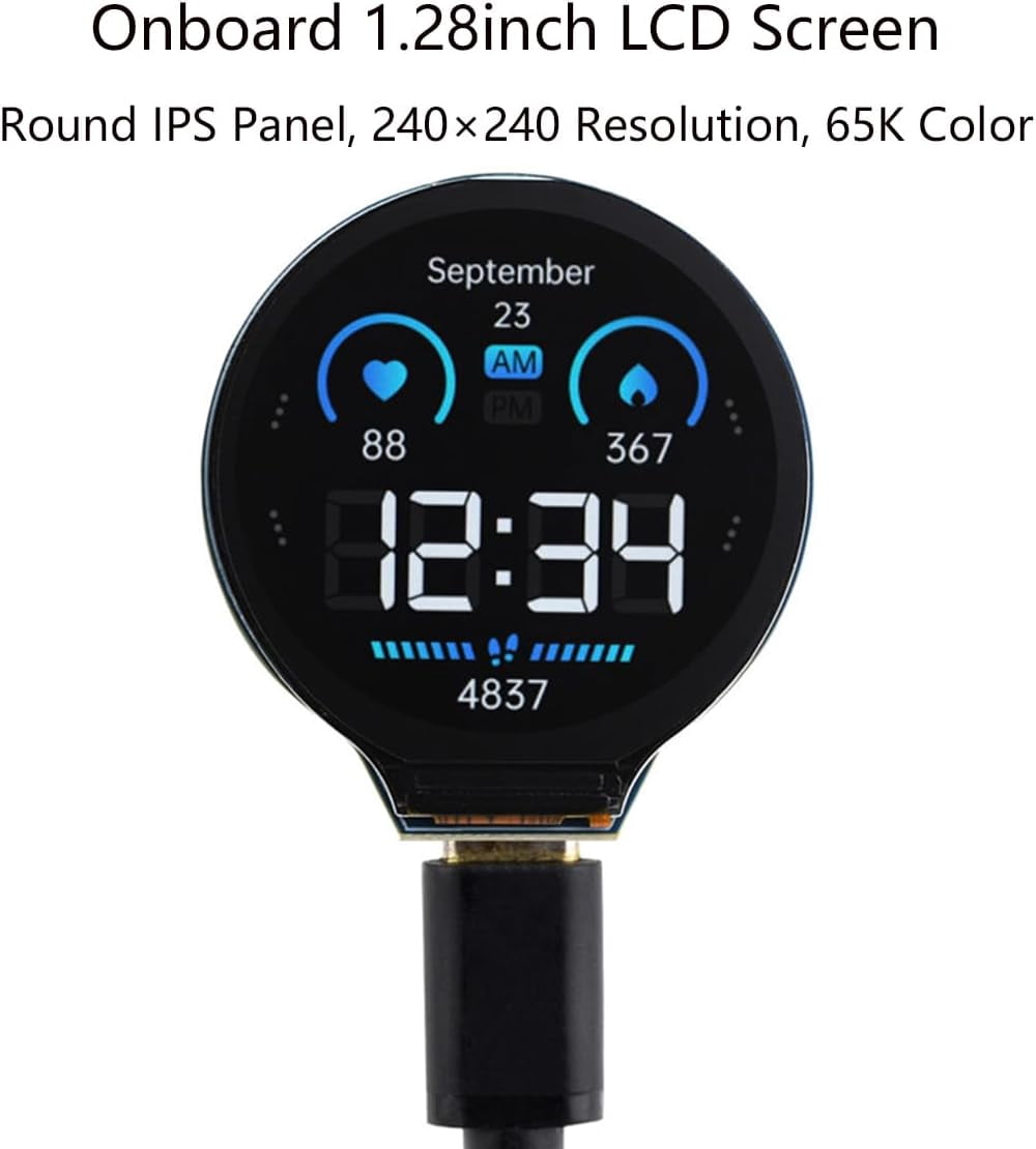 ESP32-S3 Development Board with 1.28inch Round LCD IPS 240×240 Resolution,32-bit LX7 Dual-Core Processor, GC9A01 Display Driver Chip,Supports 2.4GHz W-i-F-i (802.11 b/g/n) and Blue-Tooth 5