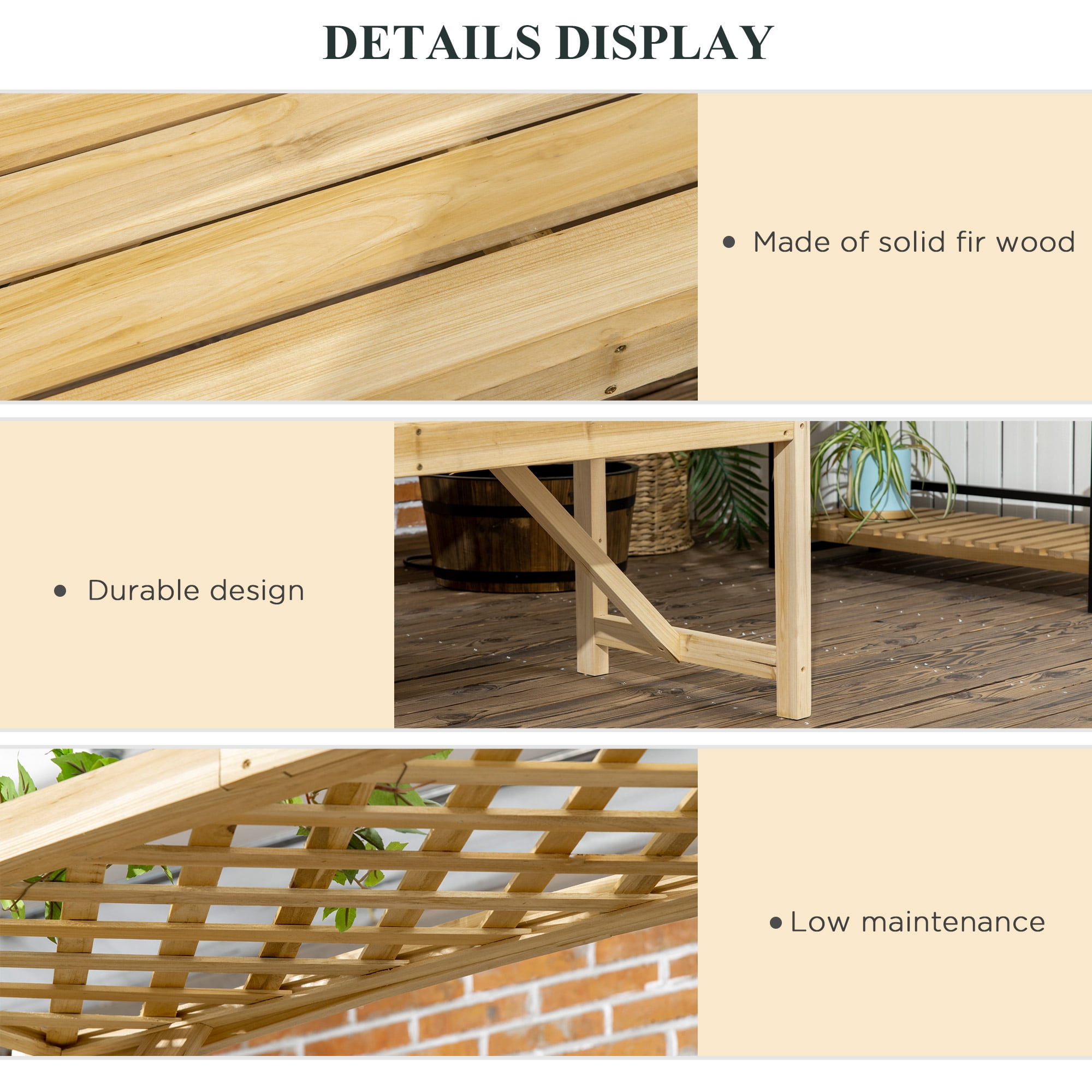 Patio Garden Bench Arbor Arch with Pergola and 2 Trellises, 3 Seat Natural Wooden Outdoor Bench for Grape Vines & Climbing Plants, Backyard Decor, Natural