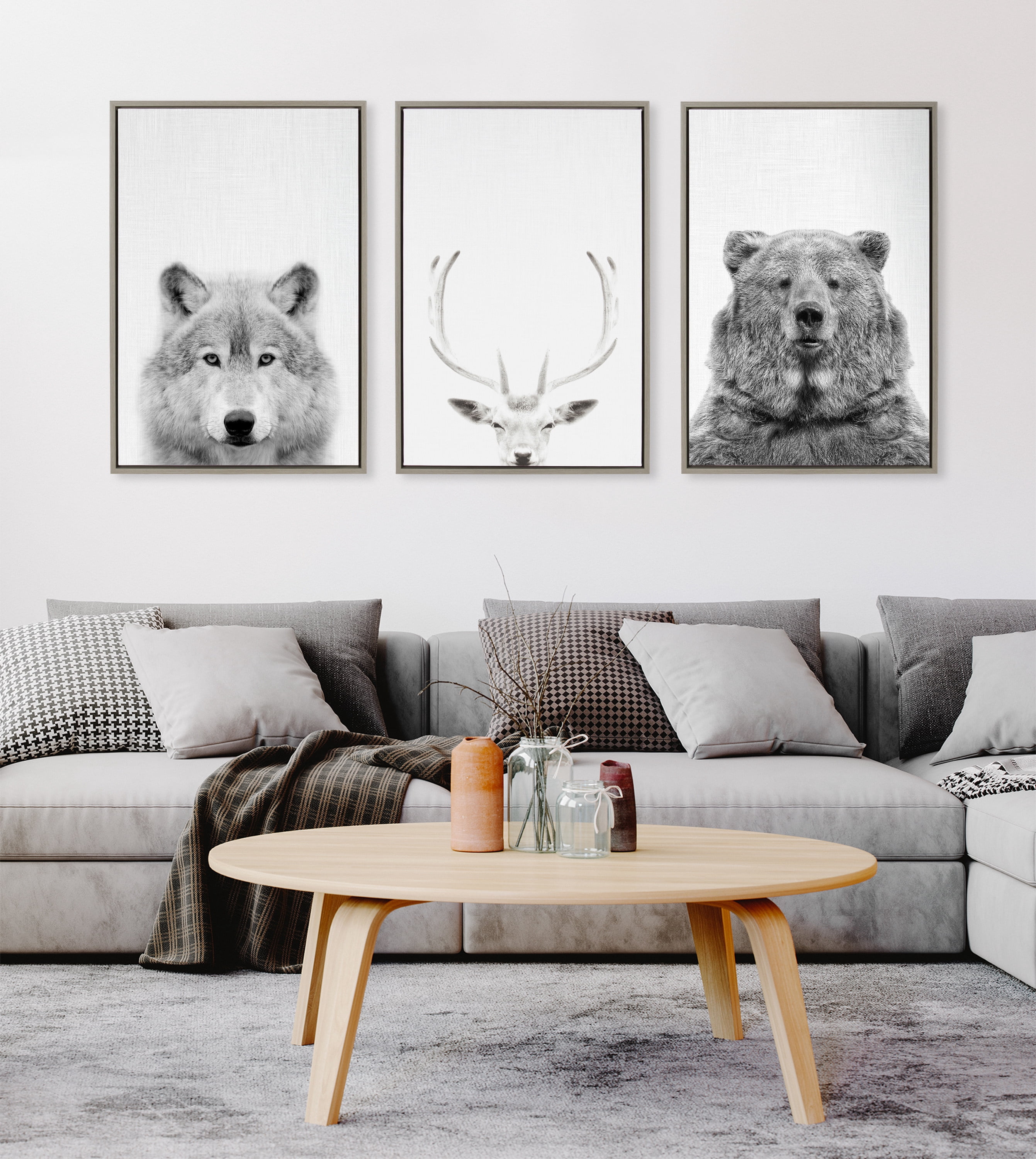 Kate and Laurel Sylvie Wolf and Bear European Framed Canvas Wall Art Set by Simon Te of Tai Prints, 2 Piece 23x33 Gray, Modern Nature Animals Art for Wall Home Decor