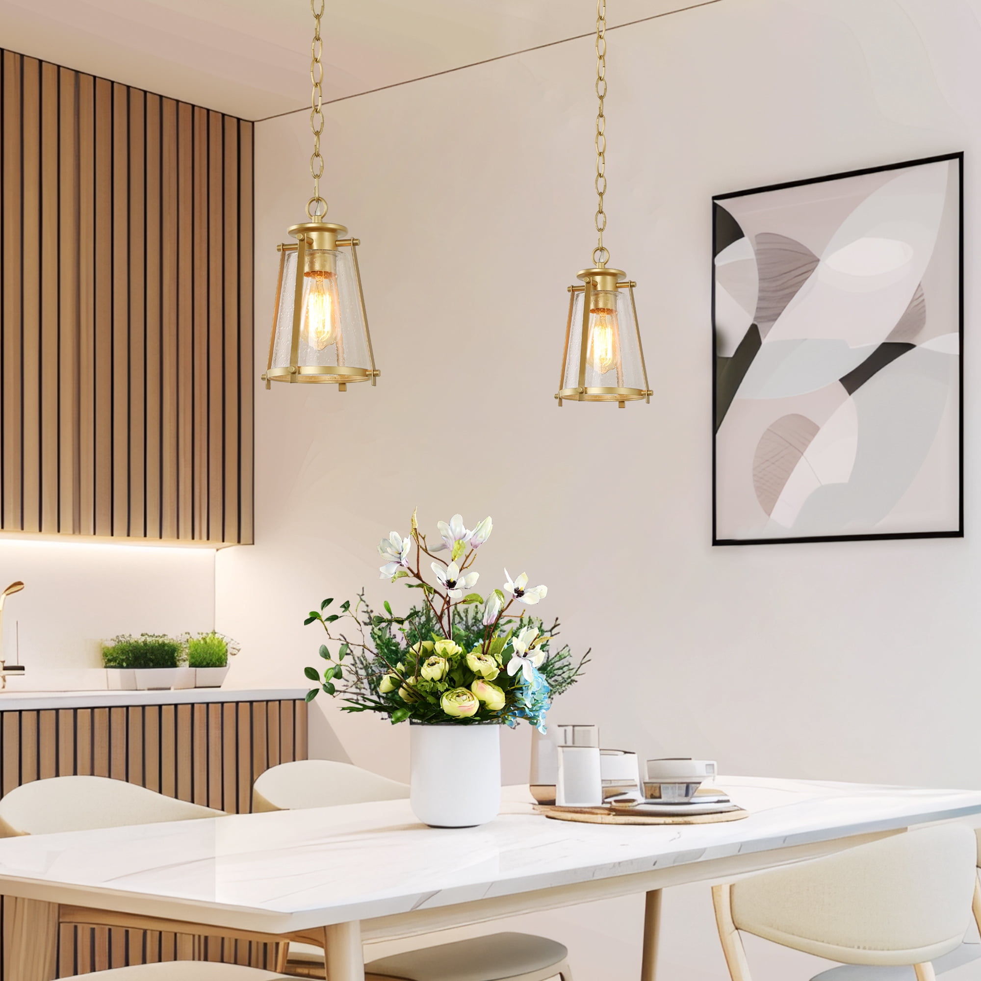 LNC 1-Light Matte Gold Cone Mini Pendant with Clear Seeded Glass for Kitchen or Bar