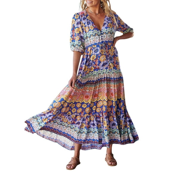 Nituyy Robe Longue à Imprimé Floral pour Femme, Manches Mi-Longues, Col en V, Ourlet Fendu, Coupe Fluide Évasée pour l'Été