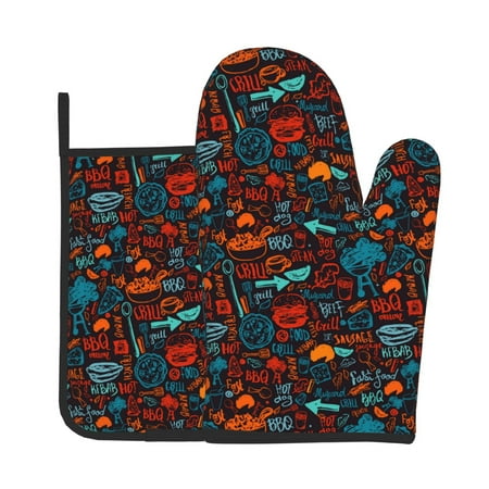 

Bingfone Doodle Barbeque Print Oven Mitts Pot Holders Set 2 PCS for Kitchen for Cooking Grilling Baking BBQ Pot Holders Cook Essentials