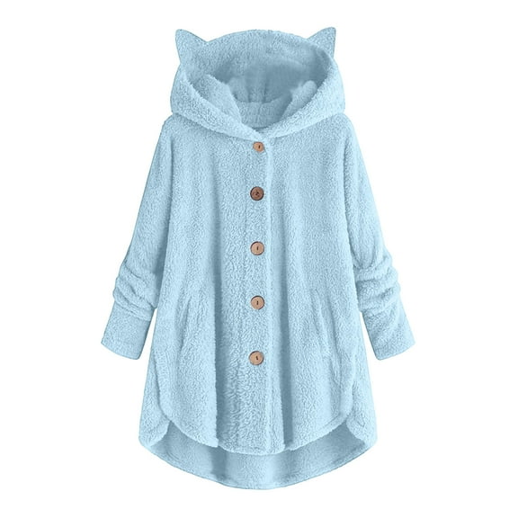 zfwon Fleece Hoodies for Women Cute Cat Ears Fleece Hooded Jacket Autumn Winter Warm Long Sleeve Button Front Coat with Pockets Plus Size S-5XL Casual Loungewear