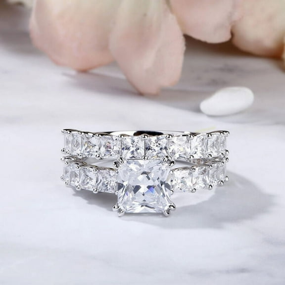 Bow Jewelry 1.77 Ct Princess Cut Moissanite Ring Set - Wedding Bridal Ring Set for Women's - 14K White Gold Plated Anniversary Ring Set - Engagement Solitaire with Accents Ring Set