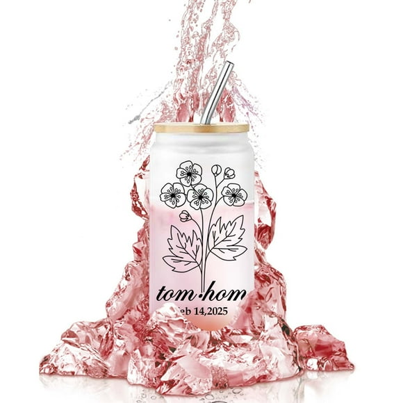 Litaoh Cup*1 Diy Birthday Flower June Coke Cup A Glass&Bottle Custom Glass Cup with Birth Flower Personalized 16 Oz Cups with Names Personalized Glass Tumbler with Lid