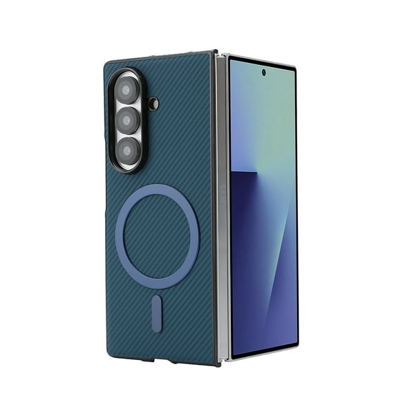 For Samsung Galaxy Z Fold 7 Magnetic Phone Case,Fiber Pattern PU Leather Back,Compatible with Mag-Safe,Shockproof Anti-fall Drop Protection Anti-Scratch Ultra Slim Durable Phone Case,Blue