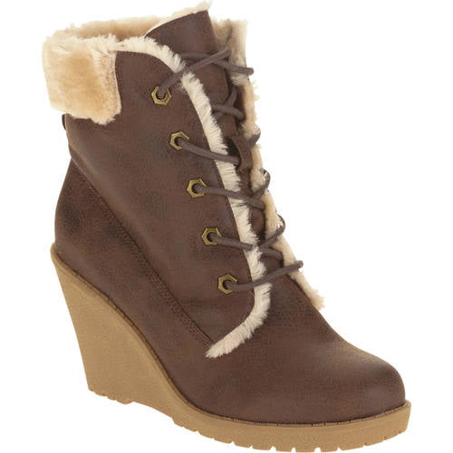 MOMO Women's Wedge Ankle Boot with Laces and Faux Fur Cuff - Walmart.com