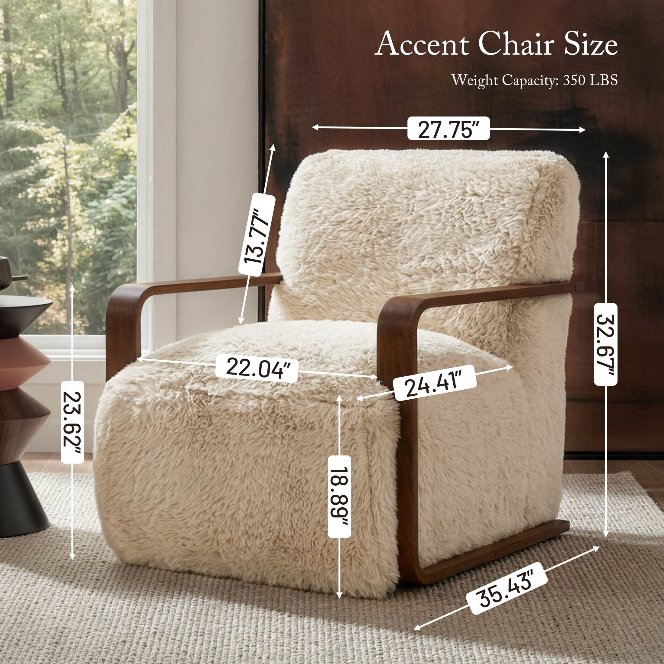Aenkyo Yeti Contemporary Faux Fur Accent Chair with Dark Walnut Wood Arms, Ivory