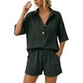thumbnail image 3 of MAIHAN Linen Sets for Women 2 Piece 2026 Summer Vacation V Neck Short Sleeve Beach Outfits Oversized Button Casual Suits(Dark Green,M), 3 of 9