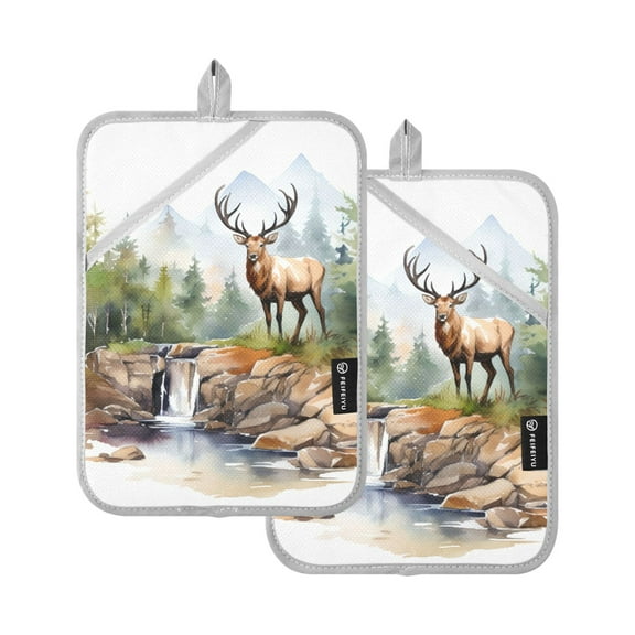 ALAZA Deer in Landscape Pot Holders Set of 2 Heat Resistant Kitchen Oven Mitts