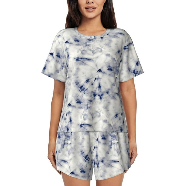 Fotbe Indigo Tie Dye Conjunto de Pijama Estampado para Mujer, 2 Piezas, Ropa de Dormir con Camiseta de Manga Corta y Shorts Suaves-Large