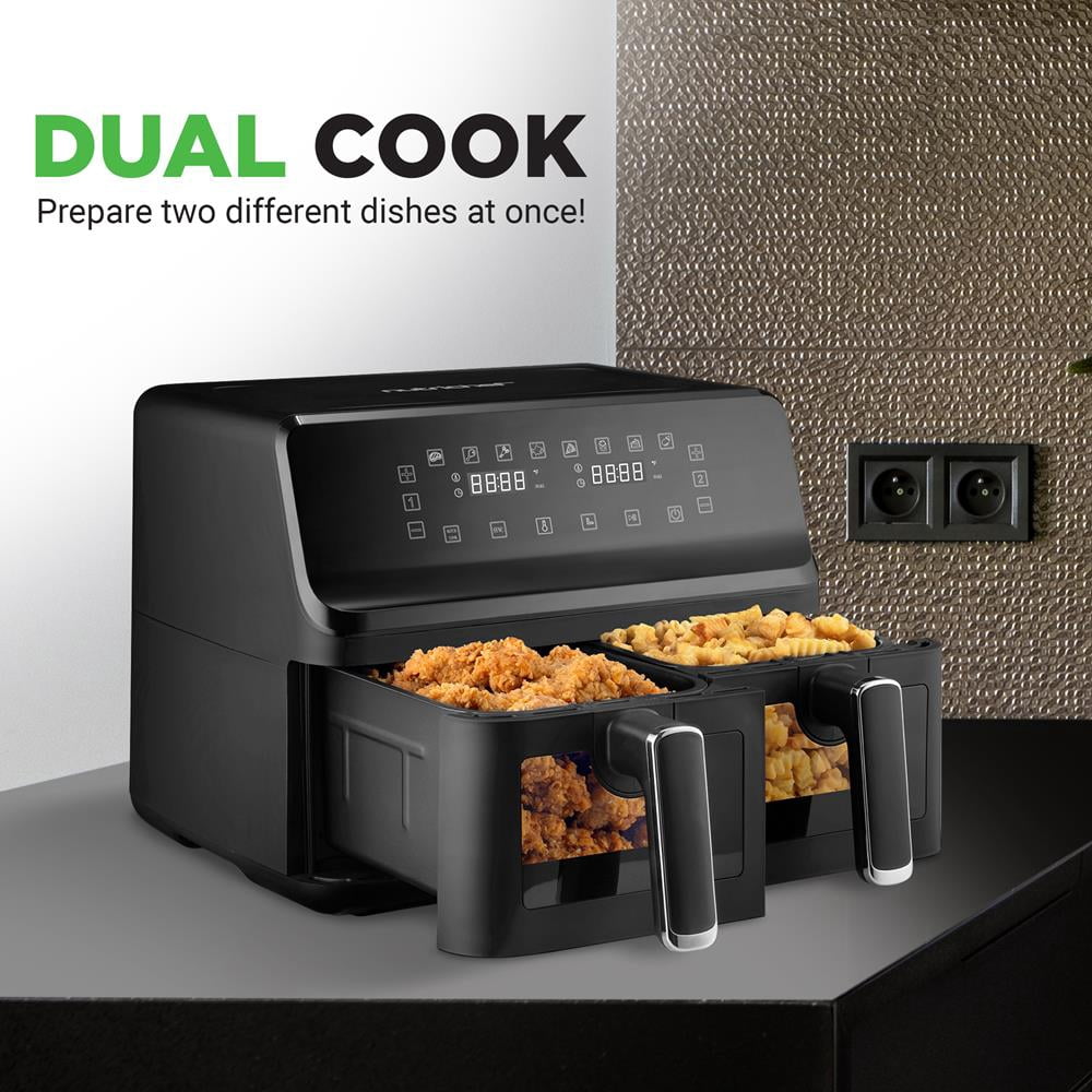 4.4QT Dual Basket Air Fryer - Customized Digital Display Electric Oil Free Cooker with Transparent Window (Black)