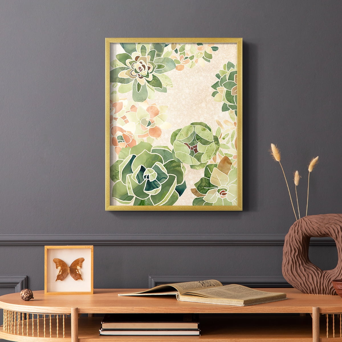 Stained Glass Succulents I Framed Print in Gold Solid Wood Framed Print No Nail Hanging