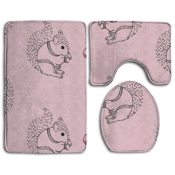 GOHAO Squirrel Nut Pink Sketch 3 Piece Bathroom Rugs Set Bath Rug Contour Mat and Toilet Lid Cover