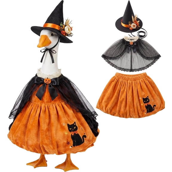 Halloween Witch Goose Outfit for 23‑Inch Porch Lawn Goose Statue, Dress with Witch Hat, Fall Yard Patio Garden Decor Accessory