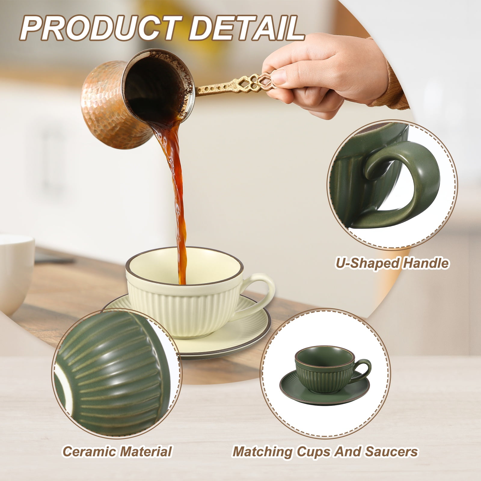 Uxcell Handmade Vintage Espresso Cups, 9.5 oz Stripe Coffee Cups and Saucers Ceramic Tea Cup with Handle Dishwasher and Microwave Safe for Latte Cappuccino Milk Office Home Gifts, Dark Green