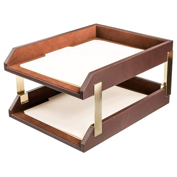 Leather Letter Trays, Chocolate Brown - Double Desk Organizer - A3420 - Stackable Filing Trays - Felt Lined - Top Grain Leather - Office & Home Use