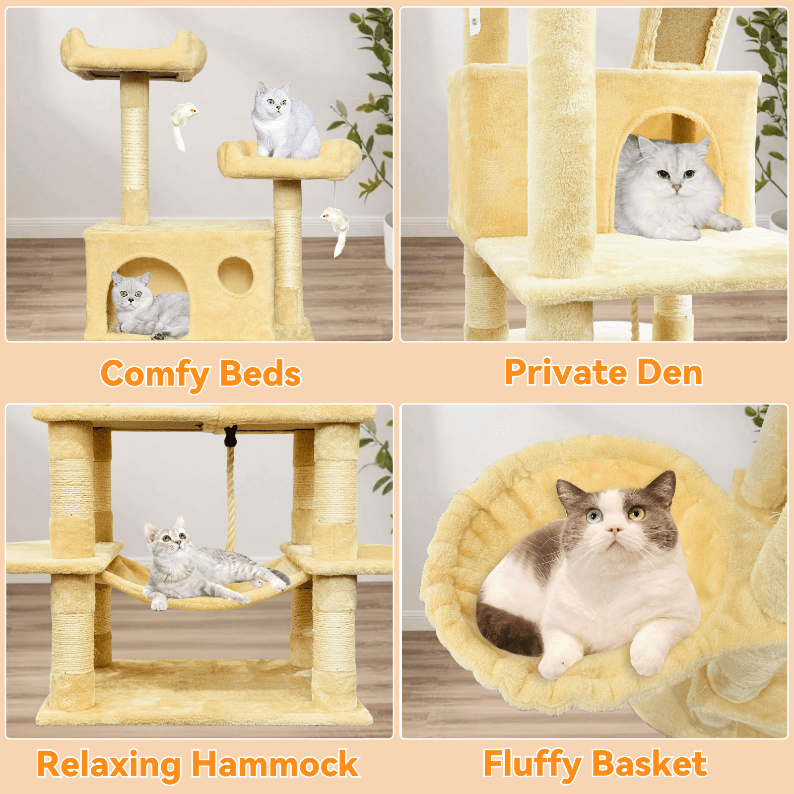 Baohe Indoor Cat Tower 70-Inch Modern Cat Tree with Widened Perch, Ideal for Big Cats & Kittens. Multi-Level Design with Scratching Posts, Tunnel, Basket & Cave Condo