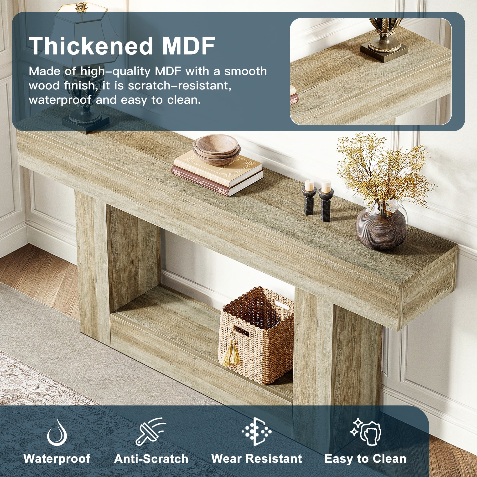 Demi Bonn 63" Wood Console Table, Farmhouse 2-Tier Sofa Table Entryway Table, Foyer Display Table, Gray