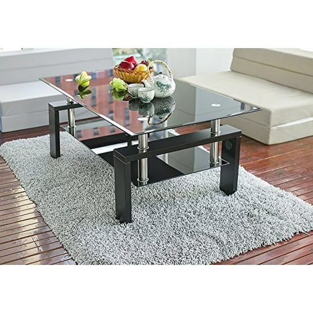 Merax Black Highlight Glass Top Cocktail Coffee Table With Wooden Legs Com Merax Black Highlight Glass Top, Glass Top Coffee Table Wooden Legs