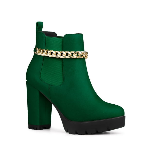 BLISSFUL STEP Bottines à Talon Haut Bloc à Chaîne Plateforme pour Femmes Vert 7