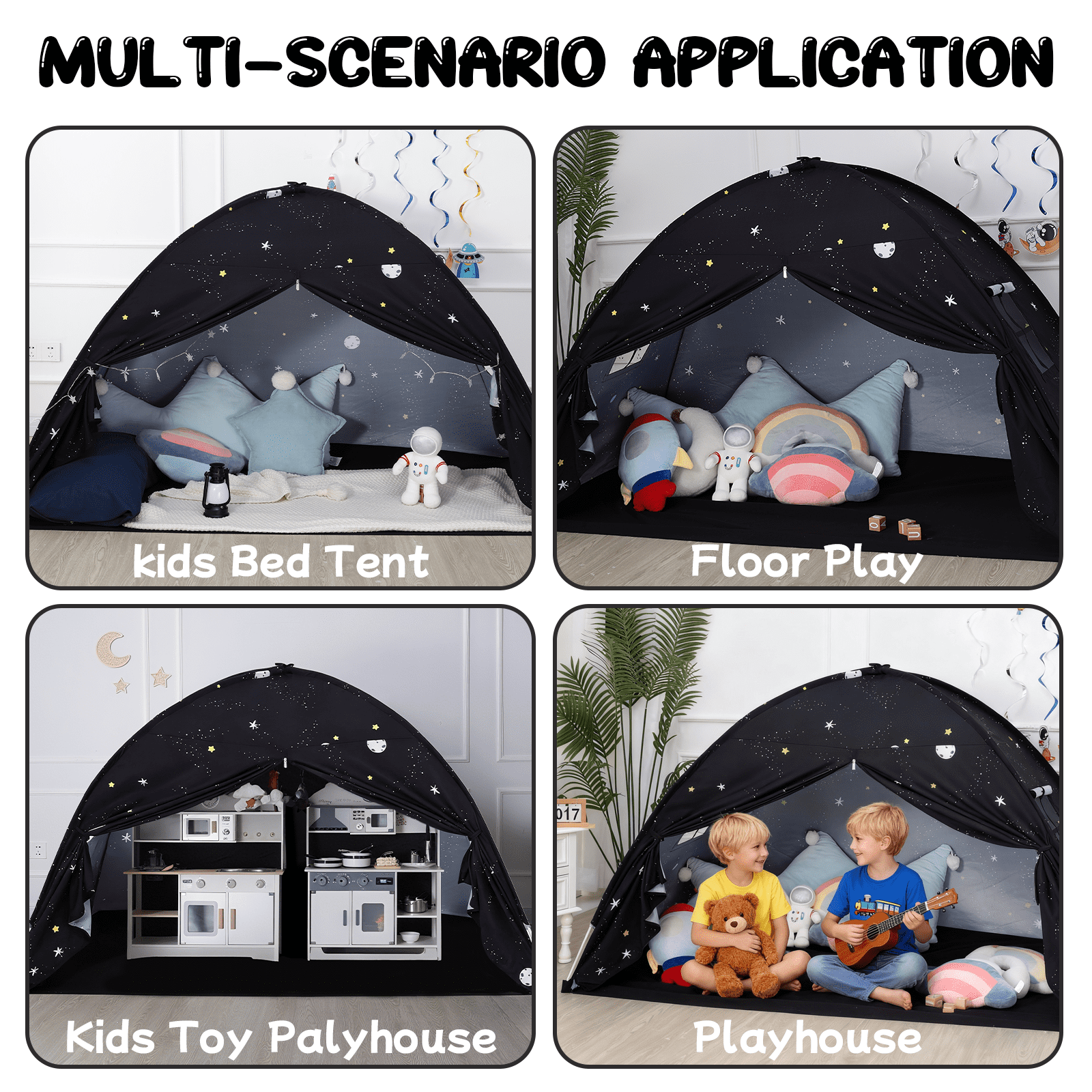 SweHouse Toddler Bed Canopy Lights Sleeping Playhouse Tent, Portable Indoor Privacy Play Space. Foldable Drafty Room Tent for Boys & Girls, Kids Birthday Gifts Golden Beige Large Size. (Black)