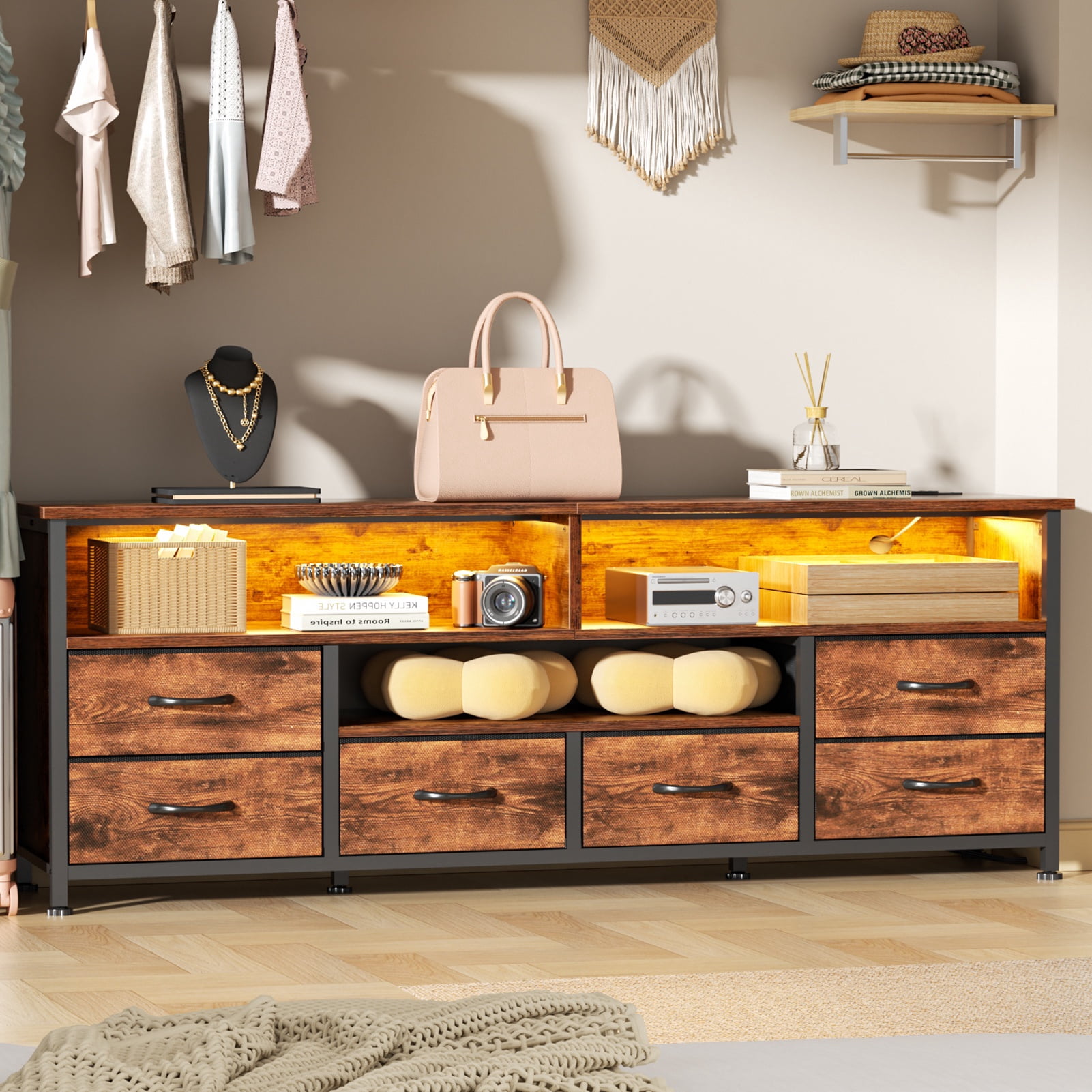 Tydimor 6-Drawer Fabric Dresser with LED Lights & Outlet, TV Stand with 3 Open Compartments, Metal Frame Anti-Tip Design, Fits 32"-70" TVs, Rustic Brown (63")
