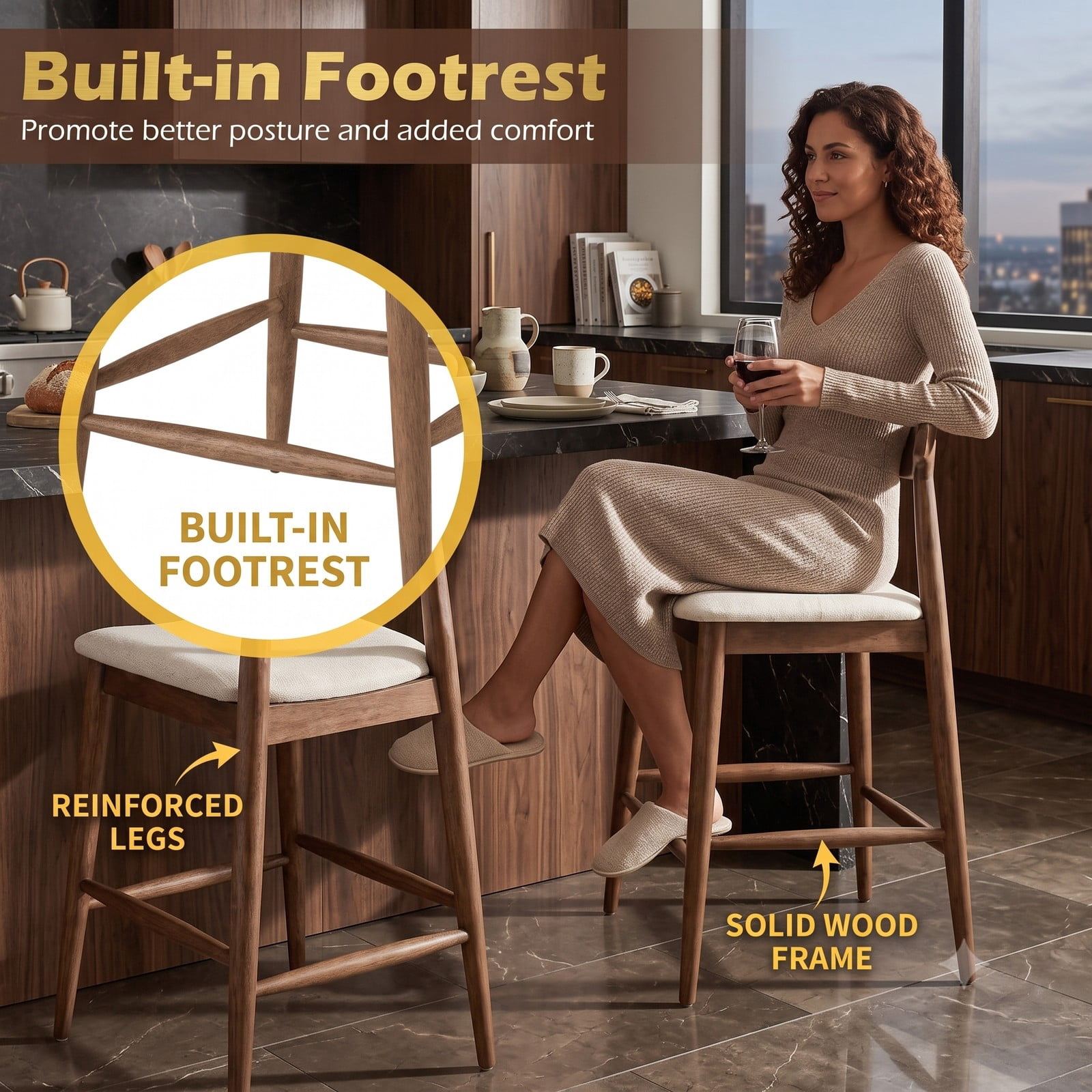 Furnibear Counter Height Bar Stools Set of 2, 24 Inch Solid Rubber Wood Kitchen Island Chairs with Curved Backrest, Upholstered Padded Seat and Built-in, Walnut