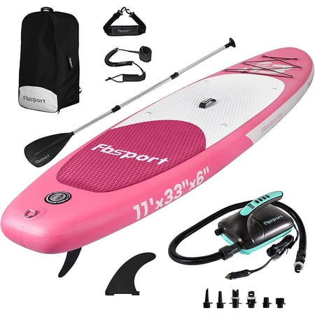 FBSPORT 11 ×33 ×6  Paddle Boards w/ Electric Pump,Inflatable Stand Up Paddle Board w/Carry Bag  Non-Slip Deck  Leash  Adjustable Paddle for Youth & Adult Beginner,SUP Paddleboard 400LBS Capacity