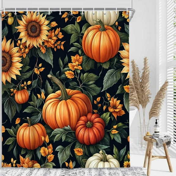 Fall Pumpkin Floral Shower Curtain, Autumn Thanksgiving Harvest Orange Yellow White Pumpkins with Floral Sunflower Fabric Shower Curtains Set for Bathroom, Fall Bath Curtain with Hooks,72x72IN