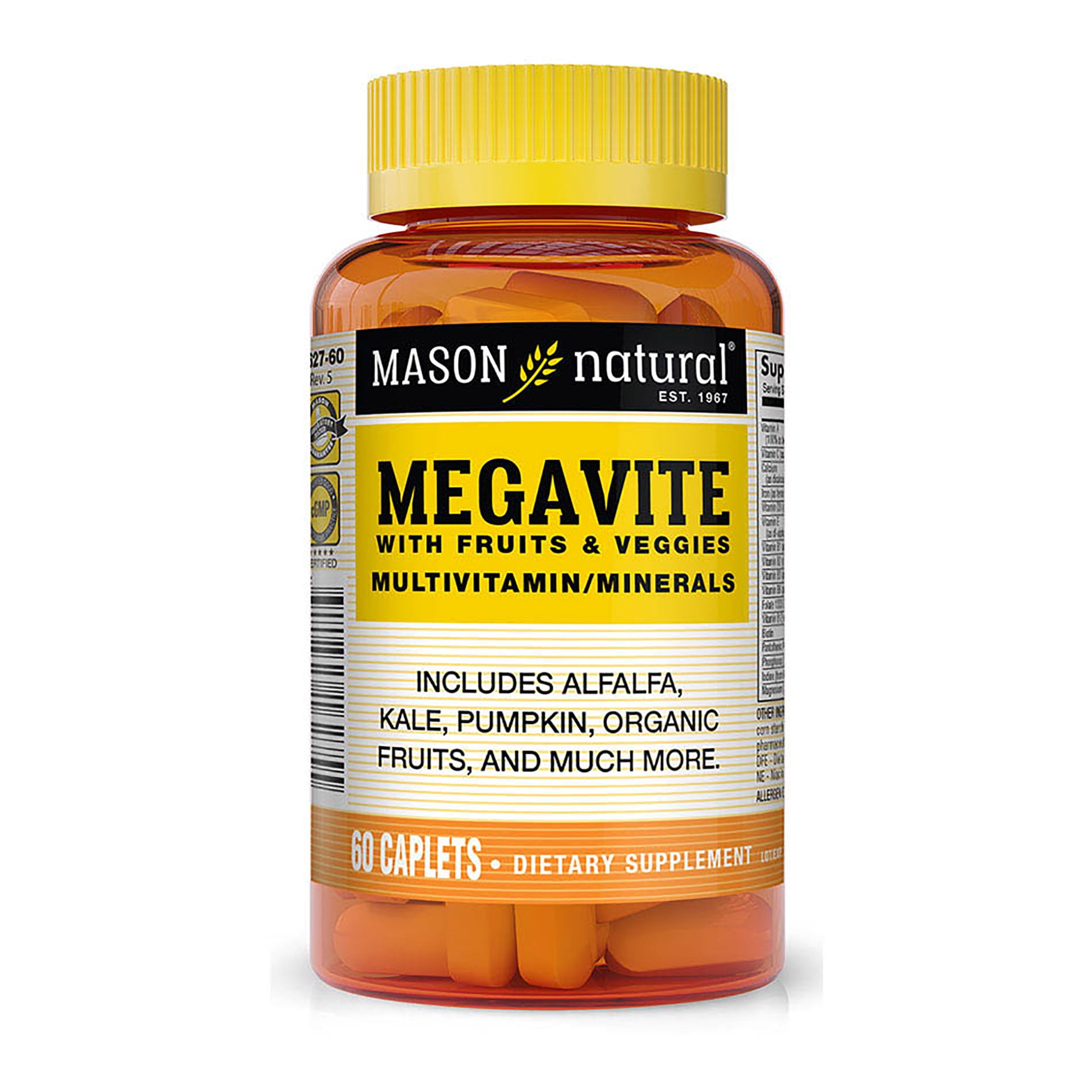 Mason Natural Megavite Multivitamin/Minerals with Fruits & Veggies - 21 Essential Nutrients, Whole Food Multivitamin, Supports Overall Health, 60 Caplets