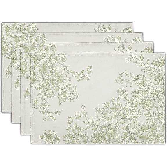 4pcs Set of French Country Floral Placemats, 12X18 Inch Retro Green Floral Placemats That Are Heat-Resistant And Washable Rectangular Table Mats for Farmhouse Kitchen Deco