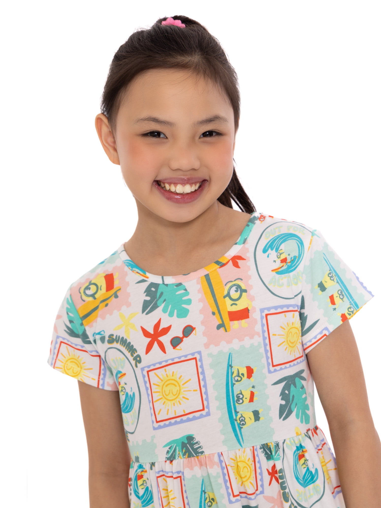 Minions Girls Allover Print Dress with Short Sleeves, Sizes 4-12