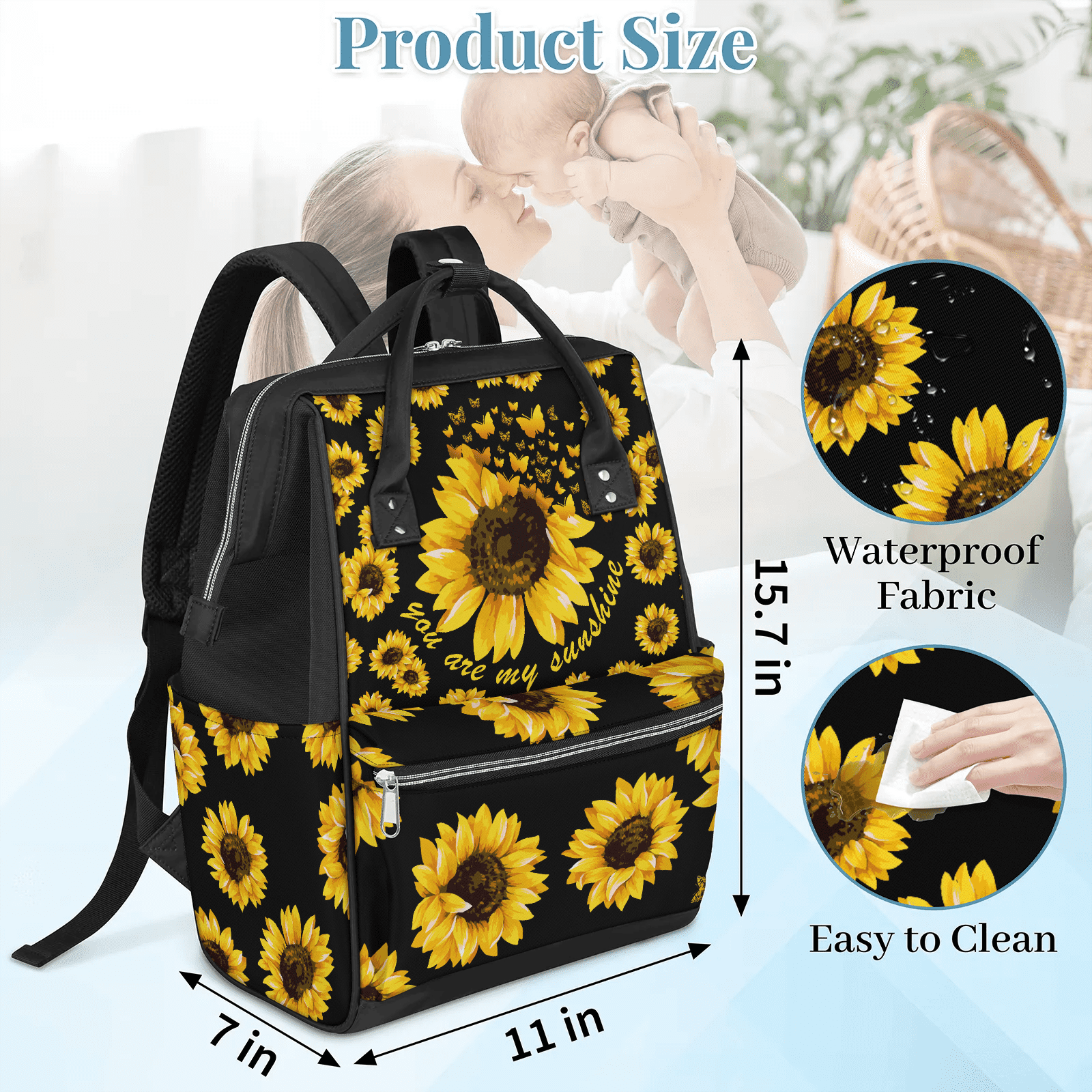 Sunflower Floral Mommy Backpack,Large Capacity Diaper Bag with Multi-Pockets,Water-Resistant Adjustable Straps Diaper Bag for Moms,Women,Travel 11x7x15.7 Inch