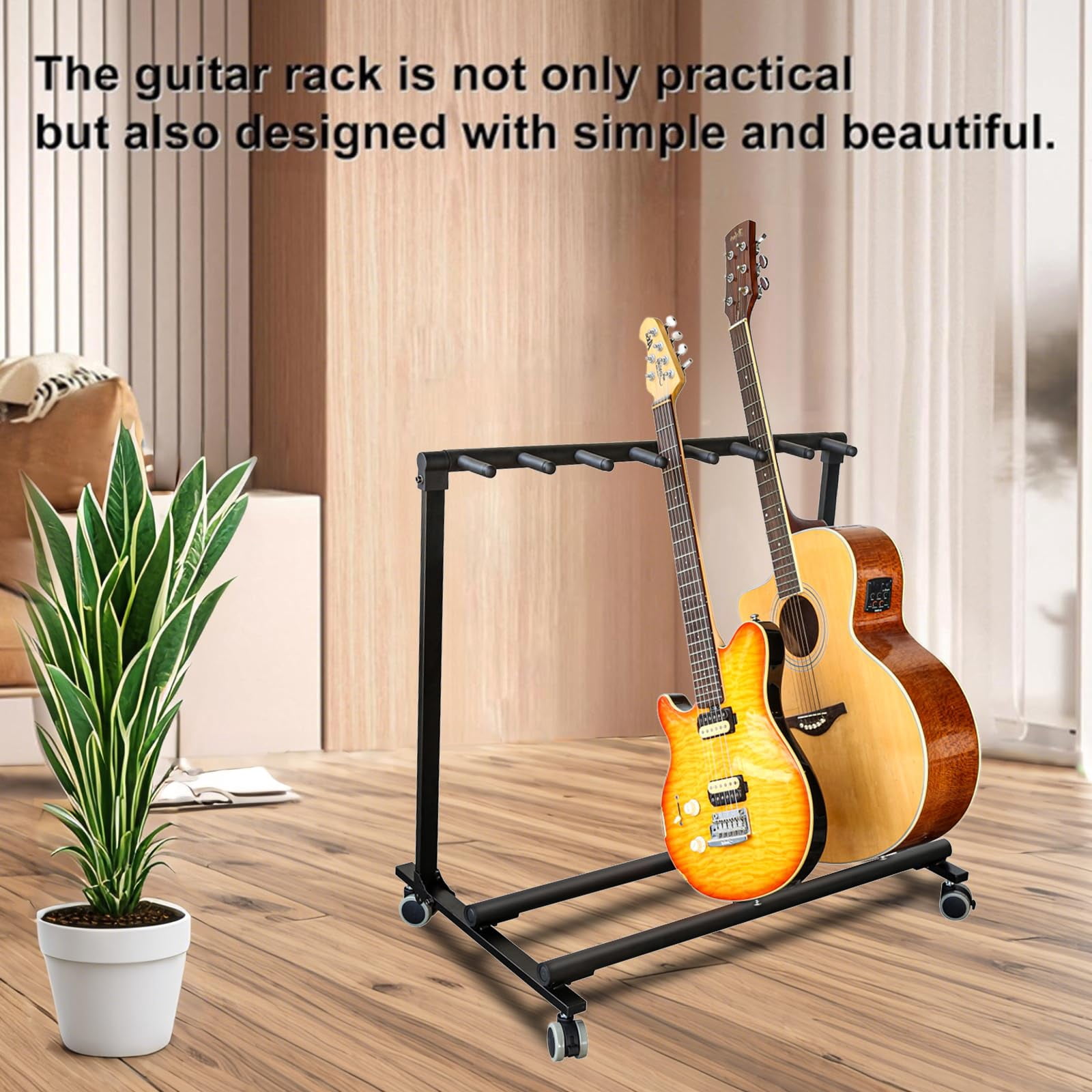 CazToi Heavy-Duty Rolling 7 Guitar Stand with Wheels & Foldable Design Portable Rack