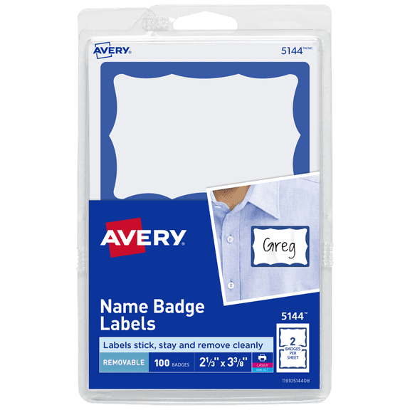 Avery Name Badge Labels, Removable Adhesive, Blue Border, 2-1/3" x 3-3/8", 100 Labels