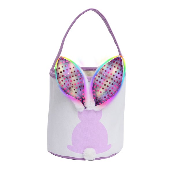 Bolsa de regalo para el Día del Niño con forma de conejito, bolsas vacías con forma de cubo y orejas de conejo iluminadas para buscar huevos de Pascua, decoraciones de Pascua y guardar dulces (morado)