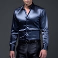 thumbnail image 2 of Mens Satin Dress Shirt Solid Long Sleeve Button Down Shirts Formal Casual Business Prom Party Wedding Navy L, 2 of 4