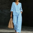 thumbnail image 2 of Enjoytime Plaid Two Piece Sets for Women V Neck Ruffle 3/4 Sleeve Shorts Matching Set Summer Casual Travel Vacation Outfits, 2 of 7