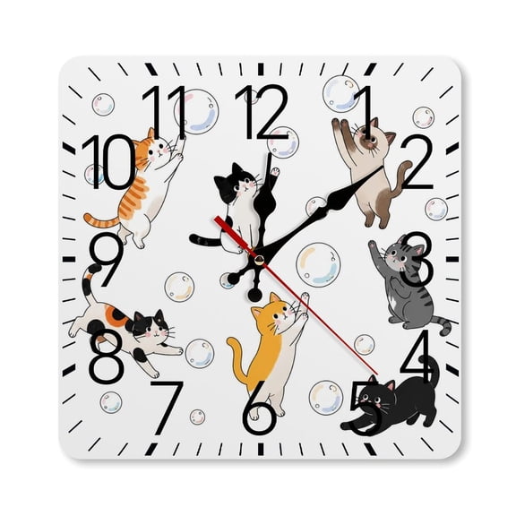 RKSupls 10×10inch Square Silent Wall Clock Wooden Frame, Cats Bubbles Playful Scale Decorative Clock for Home Bedroom Living Room Office