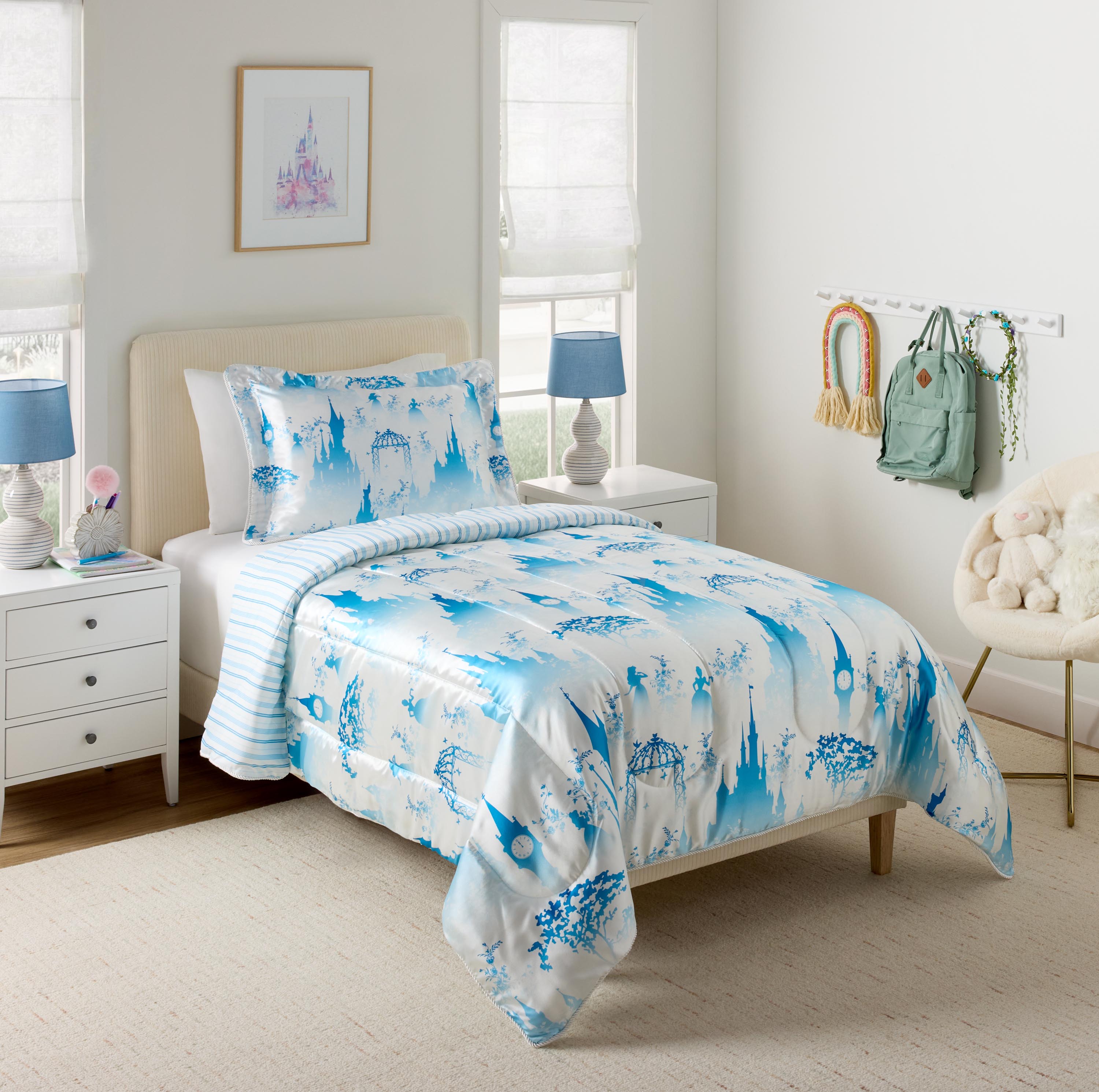 Disney Princess Blue & White Satin and Roped Trim Kids 2 piece Comforter and Sham Bedding Set, Twin/Full
