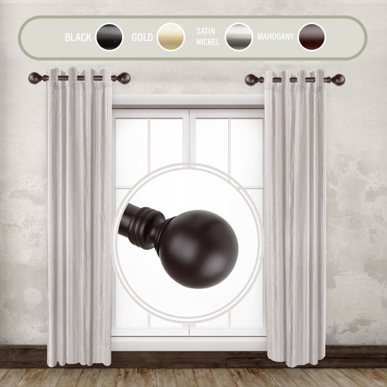 Home Decorative Globe 1" Diameter Side Curtain Rod 12-20" Long (Set of 2) - Mahogany