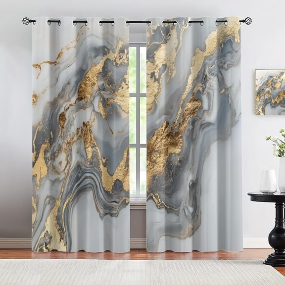 Marble Blackout Curtains, Nordic Gray Curtains, Abstract Gold Fluid Curtain, Gray And Gold Marble Window Treatment For Bedroom Living Room Decor 42"W x 90"L (Pack of 2)