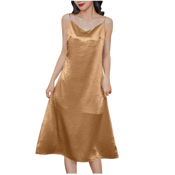 Satin Silk Midi Dress for Women Spaghetti Strap Cowl Neck Dresses Casual Fashion Ruched Evening Party Cocktail Dress