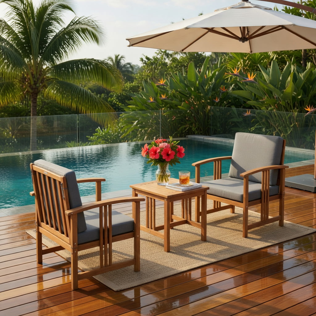 Hommoo 3-Piece Acacia Wood Outdoor Patio Sofa Set, Cushioned Garden Seating with Removable Washable Covers, Gray