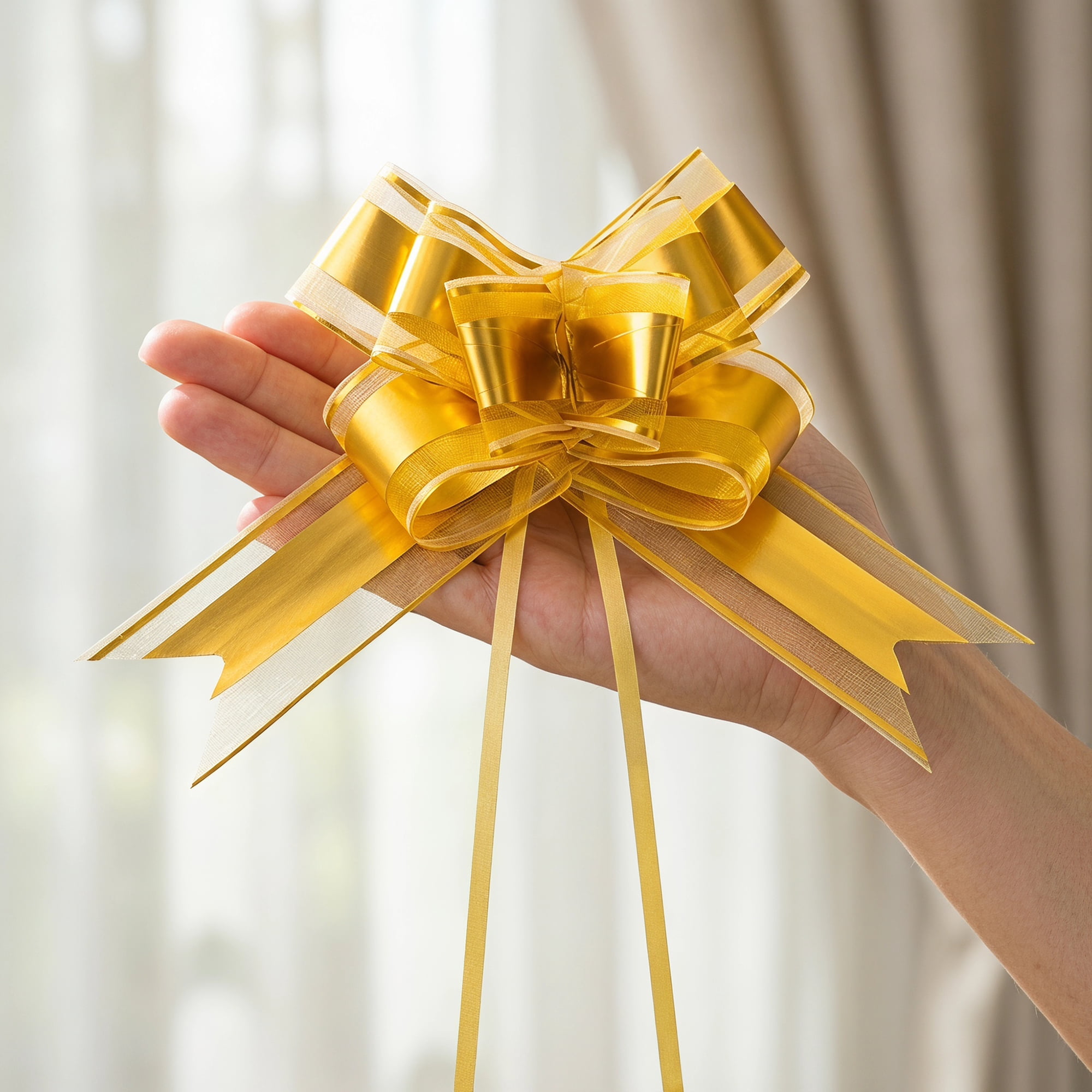 Unique Bargains Elegant Smooth Instant Pull String Flower Bows for Gift Wrapping Gold