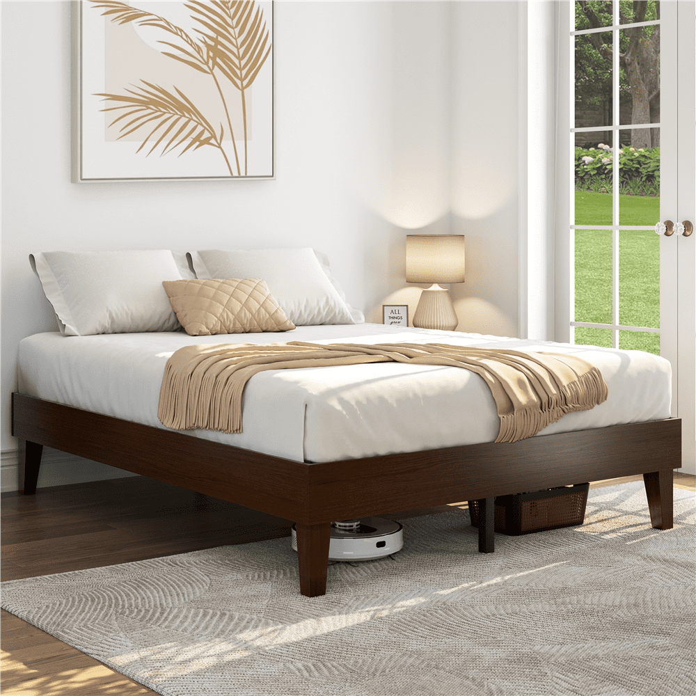 Yaheetech Queen Size Solid Wood Platform Bed Frame with Slat Support, Dark Walnut