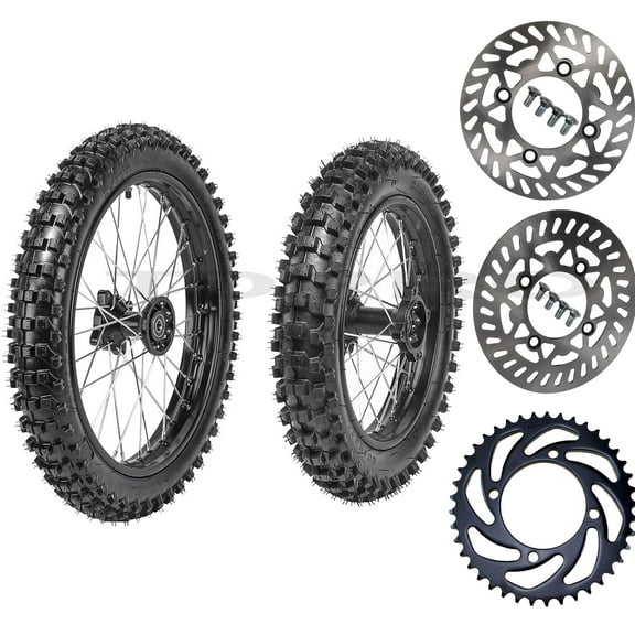 12mm Complete Set 60/100-14 & 80/100-12 Dirt Bike Tire Wheels - Front and Rear Tires, Rims, Tubes,Sprocket,Brake Discs for Motocross Off-Road Pit Bike Apollo Taotao 110cc 125cc CRF50 70 KX65