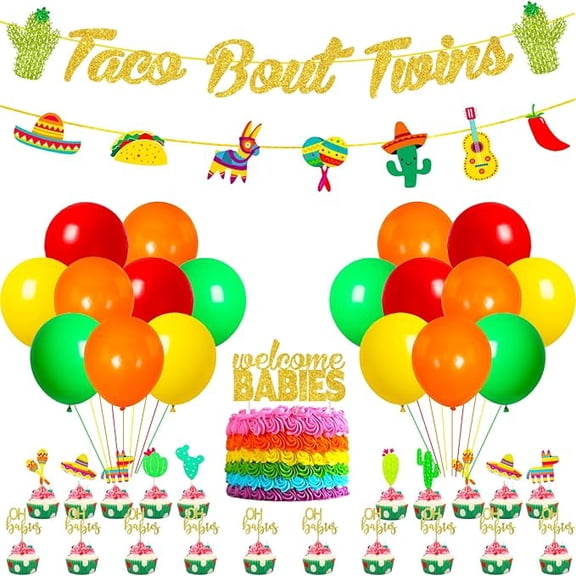 Taco Bout Twins Baby Shower Decorations Fiesta Taco Bout Twins Banner Garland Mexican Theme Cake and Cupcake Toppers with Colourful Balloons Set for Cinco De Mayo Baby Shower Supplies